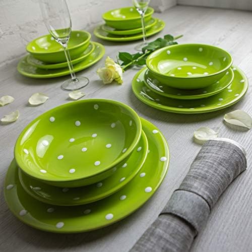 סיד בעבודת יד ירוק ולבן פולקה קרמיקה קרמיקה 12 חלקים של כלי אוכל | שירות כלי שולחן חרס עבור 4 | צלחות